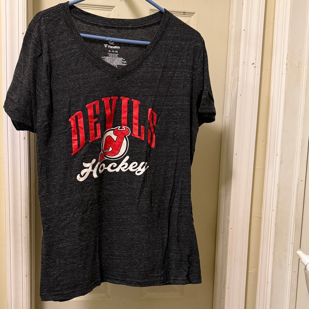 Fanatics New Jersey Devils Black V-Neck Tee with Red & White Logo